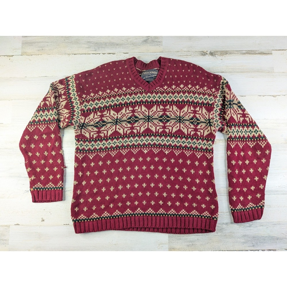 Vintage Abercrombie Fitch Mens Large Fair Isle Heavy Ramie Blend Sweater V-Neck